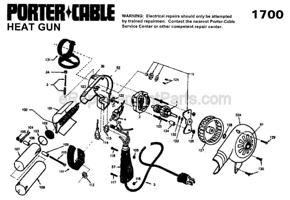 Page A Diagram and Parts List for 1700  Porter Cable Heat Gun